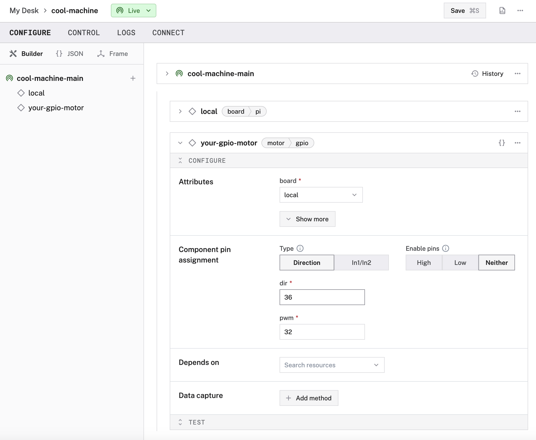 G P I O motor config in the builder UI with the In1 and In2 pins configured and the PWM pin field left blank.