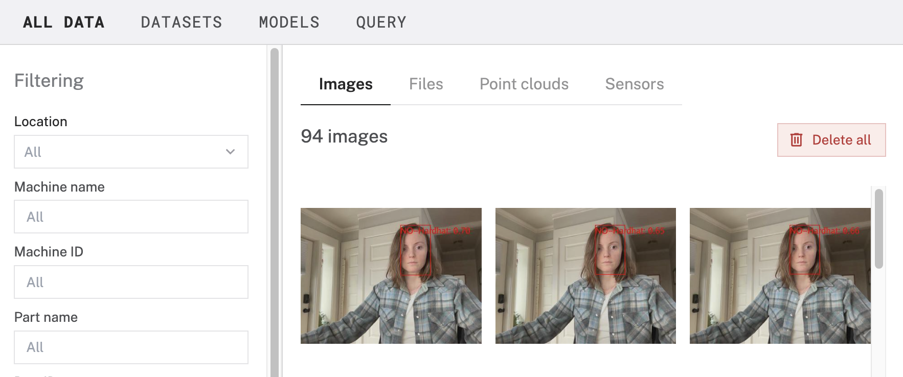 The data tab, displaying three images of a person with a bounding box labeled NO-Hardhat around her face.